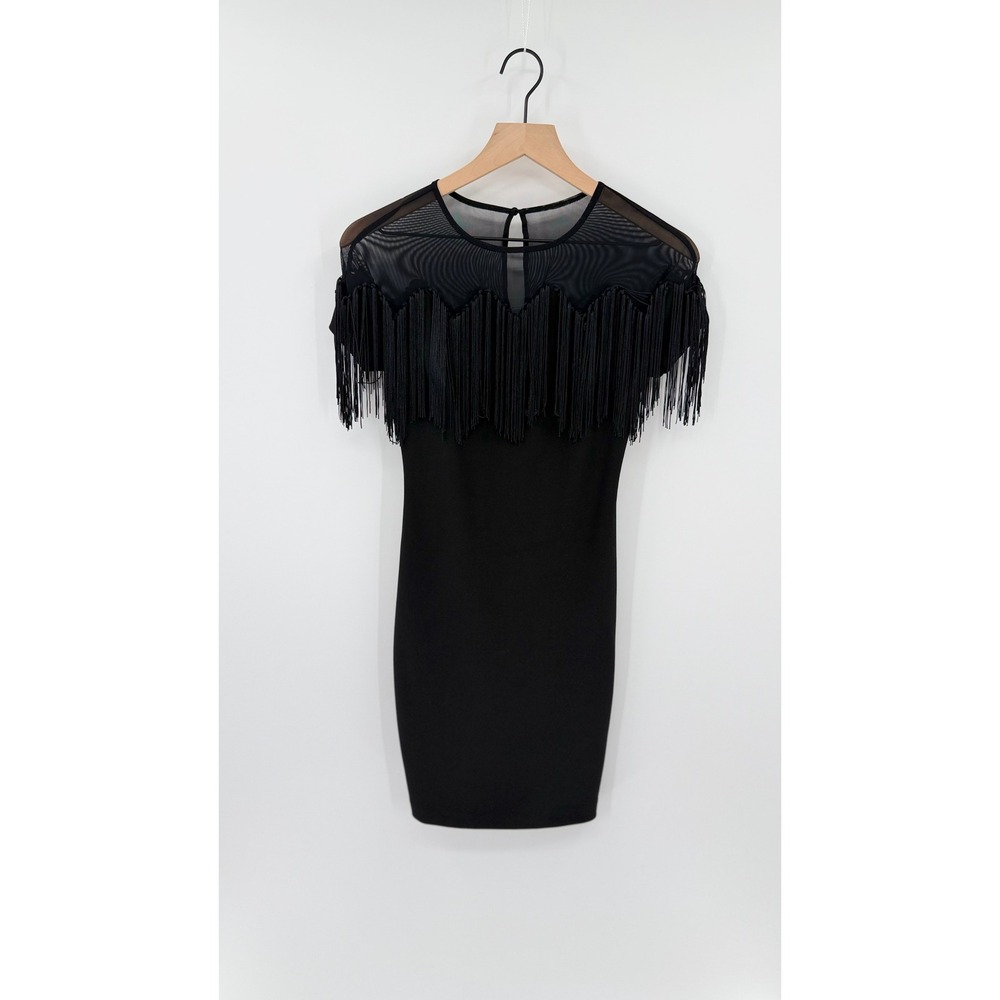 Marciano XS Bodycon Little Black Dress‎ Fringe Mesh Sheer Glam Cocktail Party